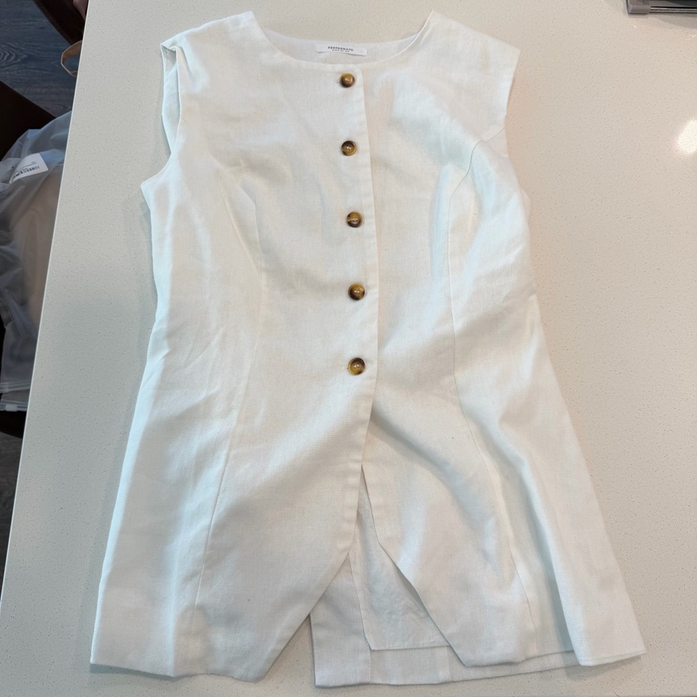 Peppermayo White Sleeveless Button-Down Top with Gold Buttons - Picture 3 of 4